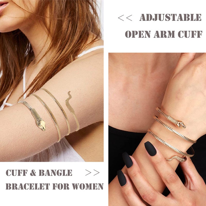 EIELO 10Pcs Arm Cuff Bracelets for Women Upper Arm Bands Snake Feather Armband Greek Goddess Filigree Swirl Boho Armlet Cuff Bangle Adjustable Golden Arm Bracelet Set - Image 2