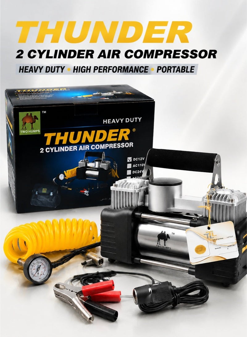THUNDER Heavy Duty 2 Cylinder Air Compressor 12V DC Portable Tyre Inflator Car Air Pump Dual Cylinder High Power Compressor with Pressure Gauge Air Hose Clamp Set Carry Bag Emergency Roadside Kit for Car SUV Bike Off Road Vehicle - Image 1