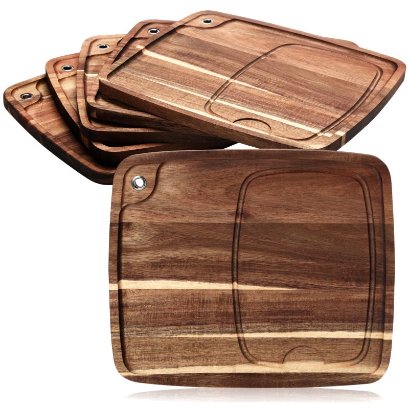 Uiifan 6 Pcs Steak Plates with Juice Channel Wooden Steak Board Set Acacia Cutting Serving Board for Christmas Home Serving Eating Meat Dishes Snack Dessert, 13 x 11 x 0.6 Inch - Image 1