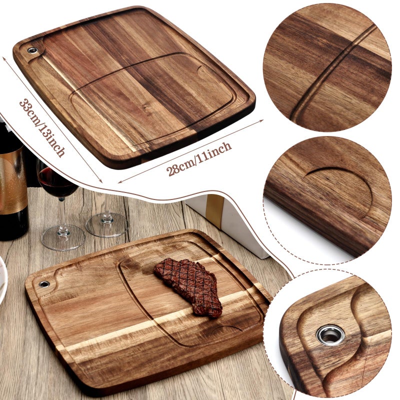 Uiifan 6 Pcs Steak Plates with Juice Channel Wooden Steak Board Set Acacia Cutting Serving Board for Christmas Home Serving Eating Meat Dishes Snack Dessert, 13 x 11 x 0.6 Inch - Image 2