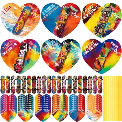 Shappy 48 Sets Valentines Day Mini Finger Skateboards with Cards Valentines Party Favor Mini Fingerboard with Heart Greeting Cards and Twist Ties for Valentines Day Exchange Prizes Gift - Image 1