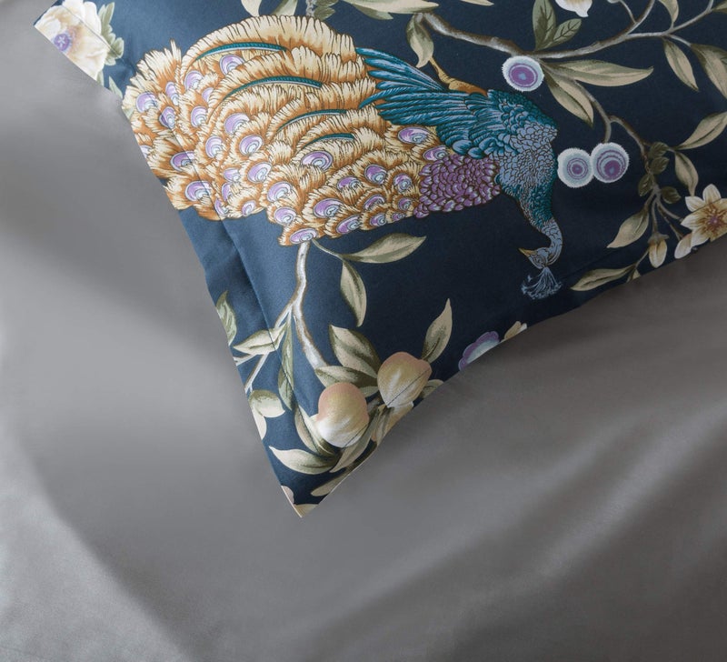 Eikei Oriental Garden Majestic Peacock Bird Floral Duvet Cover Chinoiserie Chic Asian Style Blooming Trees Vines and Branches Long Staple Cotton 3pc Bedding Set (Orion Blue, Queen) - Image 2