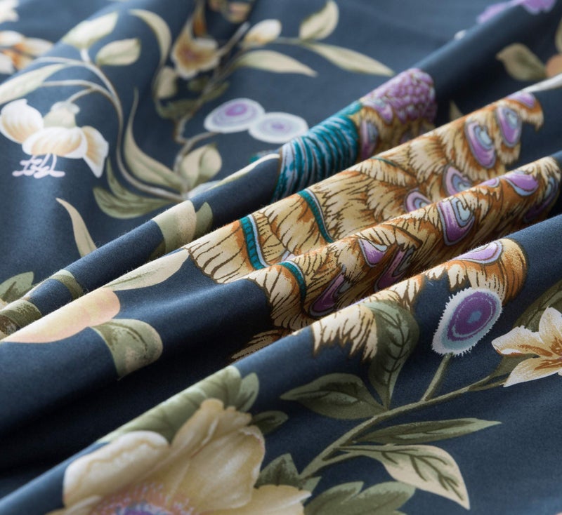 Eikei Oriental Garden Majestic Peacock Bird Floral Duvet Cover Chinoiserie Chic Asian Style Blooming Trees Vines and Branches Long Staple Cotton 3pc Bedding Set (Orion Blue, Queen) - Image 5