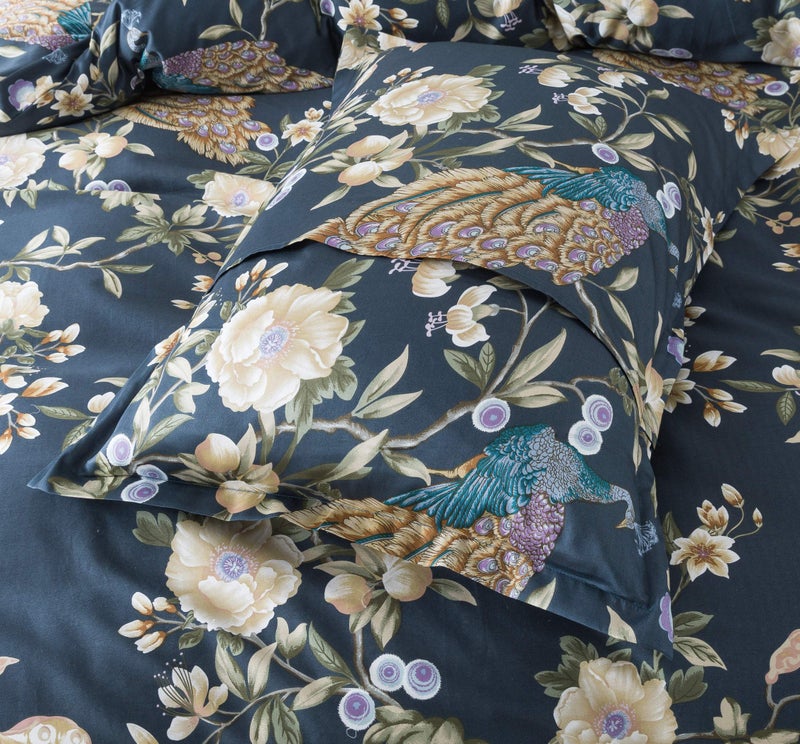 Eikei Oriental Garden Majestic Peacock Bird Floral Duvet Cover Chinoiserie Chic Asian Style Blooming Trees Vines and Branches Long Staple Cotton 3pc Bedding Set (Orion Blue, Queen) - Image 3