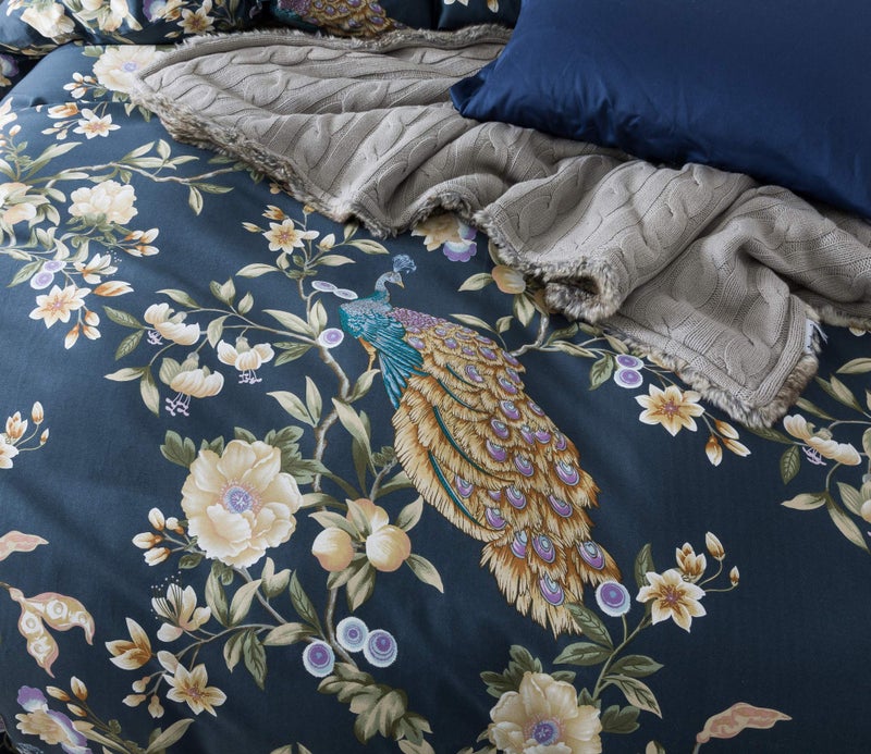 Eikei Oriental Garden Majestic Peacock Bird Floral Duvet Cover Chinoiserie Chic Asian Style Blooming Trees Vines and Branches Long Staple Cotton 3pc Bedding Set (Orion Blue, Queen) - Image 4