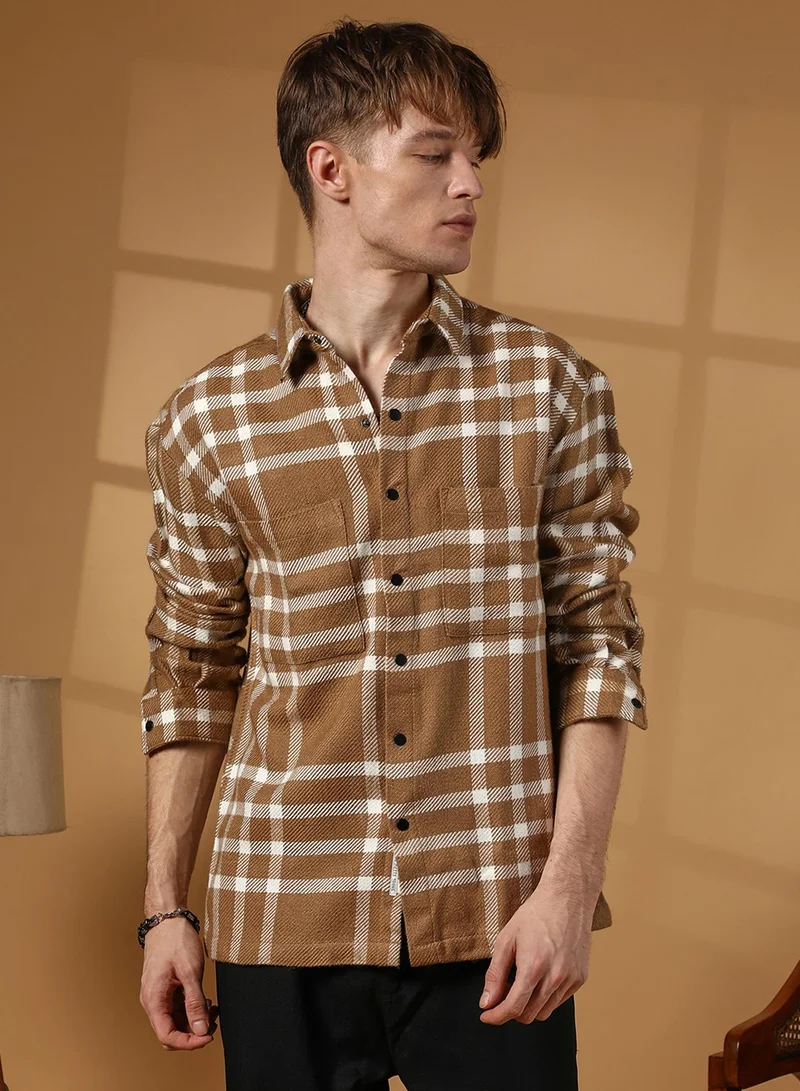 كامبوس سوترا Men's Ash Brown Checkered Utility Overshirt