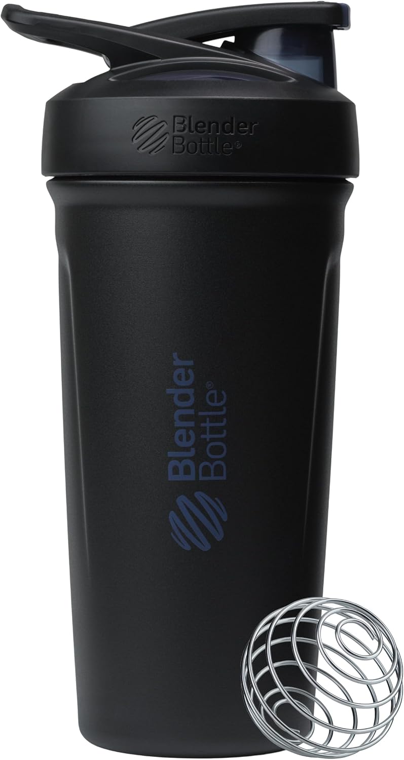 BlenderBottle Sport Shaker Cup Insulated Stainless Steel Water Bottle with Wire Whisk, 24-Ounce, Black - Image 1