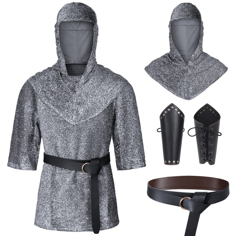 Irtysh Renaissance Faux Chain Mail Armor Tunic Shirt Coif Medieval Knight Cowl Crusader Costume Outfit Bracers Waist Belt Set(L) Silver Gray - Image 1