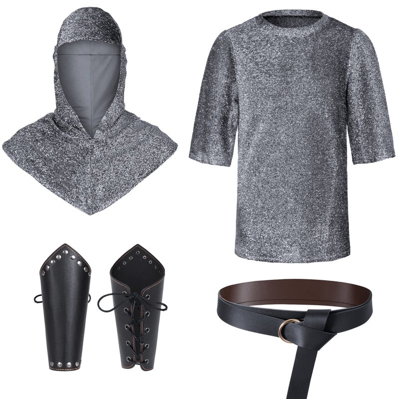 Irtysh Renaissance Faux Chain Mail Armor Tunic Shirt Coif Medieval Knight Cowl Crusader Costume Outfit Bracers Waist Belt Set(L) Silver Gray - Image 5