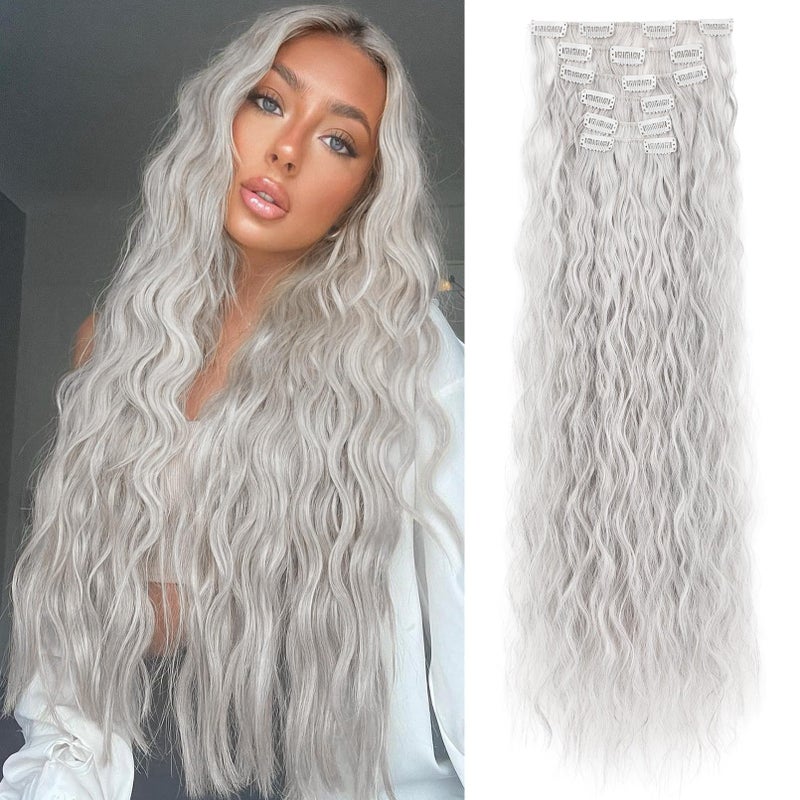 LONAI Clip In Hair Extensions 6PCS Curly 24 Long Synthetic Clip On Hairpiece For WomenGreySilverWhite Mixed