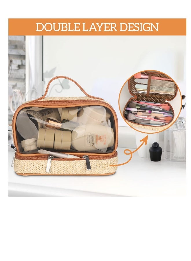 Boho Straw Makeup Bag, Large Toiletry Bag for Women, Double Layer Cosmetic Bag, Travel Makeup Bag, Portable Boho Straw Bag, Makeup Bag for Girls Travel Bathroom (Khaki) - Image 5