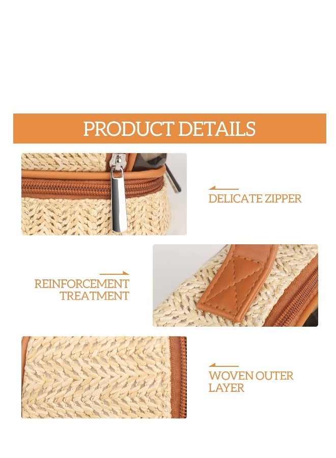 Boho Straw Makeup Bag, Large Toiletry Bag for Women, Double Layer Cosmetic Bag, Travel Makeup Bag, Portable Boho Straw Bag, Makeup Bag for Girls Travel Bathroom (Khaki) - Image 4
