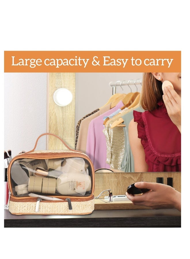 Boho Straw Makeup Bag, Large Toiletry Bag for Women, Double Layer Cosmetic Bag, Travel Makeup Bag, Portable Boho Straw Bag, Makeup Bag for Girls Travel Bathroom (Khaki) - Image 3
