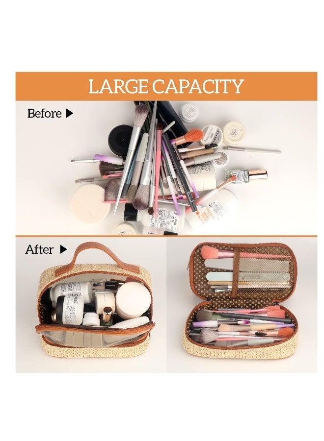 Boho Straw Makeup Bag, Large Toiletry Bag for Women, Double Layer Cosmetic Bag, Travel Makeup Bag, Portable Boho Straw Bag, Makeup Bag for Girls Travel Bathroom (Khaki) - Image 2