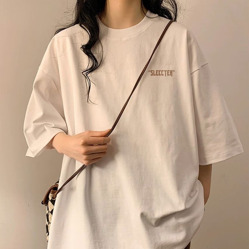 Chubby Girl Fashion Loose Plus Size 1.00 Kg-150.00 Kg American Style Retro Heavy Cotton Letter Printing Round Neck Short Sleeve T-Shirt Trendy - Image 5