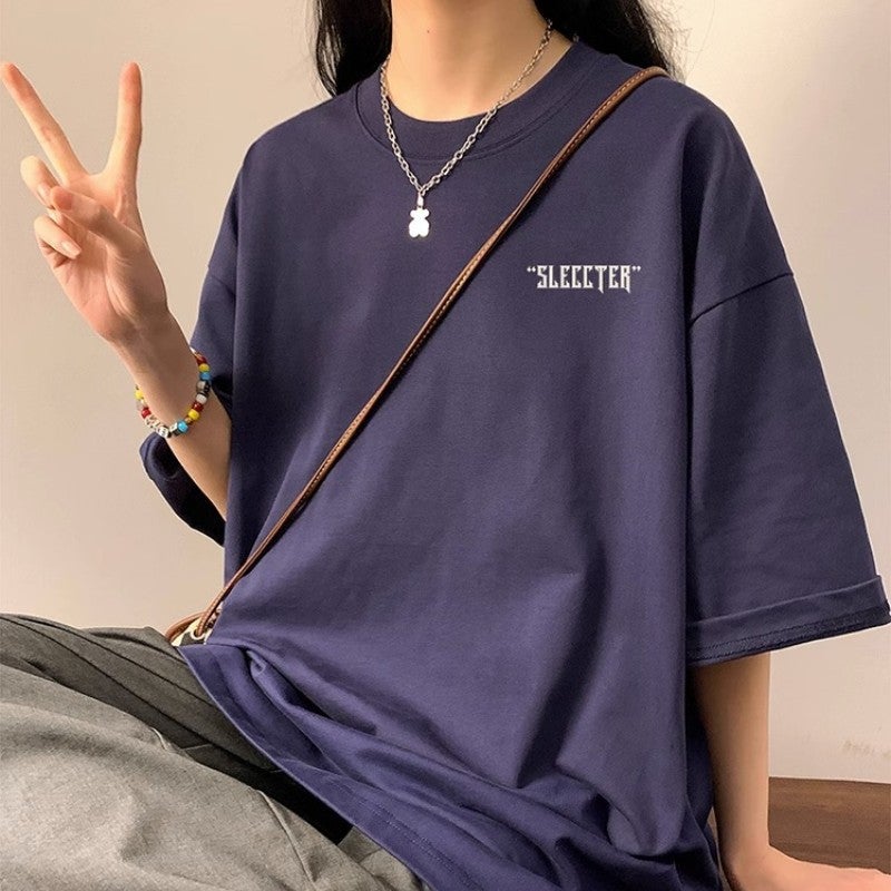 Chubby Girl Fashion Loose Plus Size 1.00 Kg-150.00 Kg American Style Retro Heavy Cotton Letter Printing Round Neck Short Sleeve T-Shirt Trendy - Image 2
