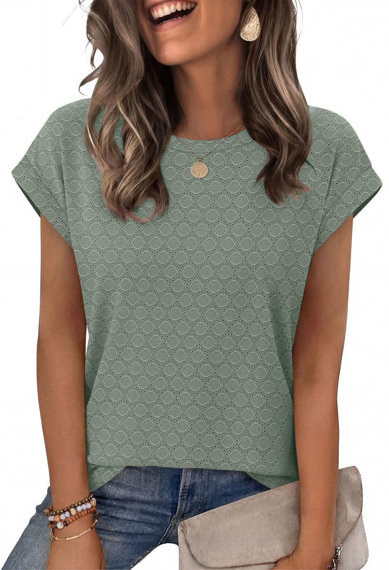 Alaroo Boho Tops for Women Cute Dressy Short Sleeve Shirts Business Casual Summer Clothes Going Out Outfits Spring Fashion Clothing Grey Green L - Image 1