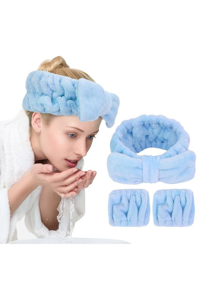 UNIMEIX - 3 Pack Spa Headband and Wrist Washband Face Wash Set,Reusable Soft Makeup Headband Fleece Skincare Headbands for Washing Face Shower (Blue) - Image 1