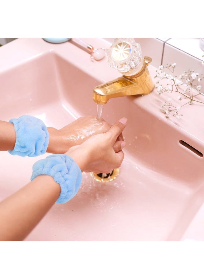 UNIMEIX - 3 Pack Spa Headband and Wrist Washband Face Wash Set,Reusable Soft Makeup Headband Fleece Skincare Headbands for Washing Face Shower (Blue) - Image 1