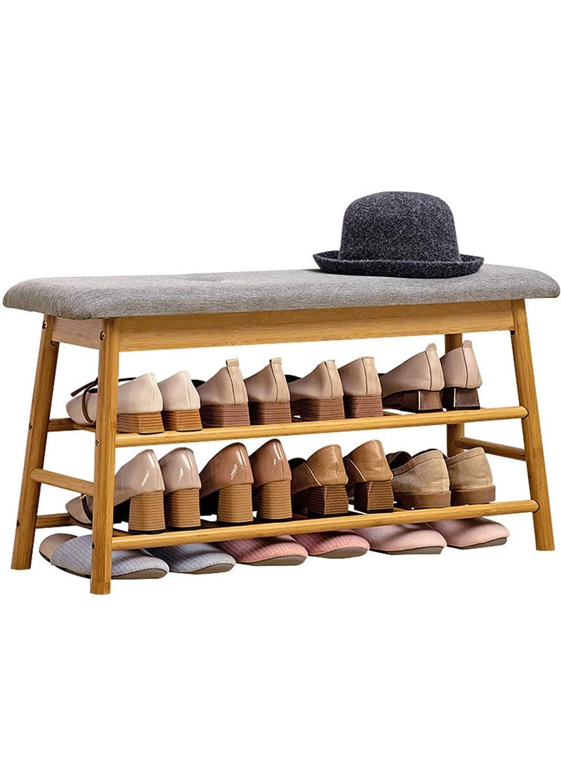 XiuWoo Bamboo Shoes Bench Seat Shoe Rack Storage Stool 2 Tier with Hidden Storage Compartment for Entryway Hallway Bedroom Living Room Shoes Shop 91*27*44cm - Image 1