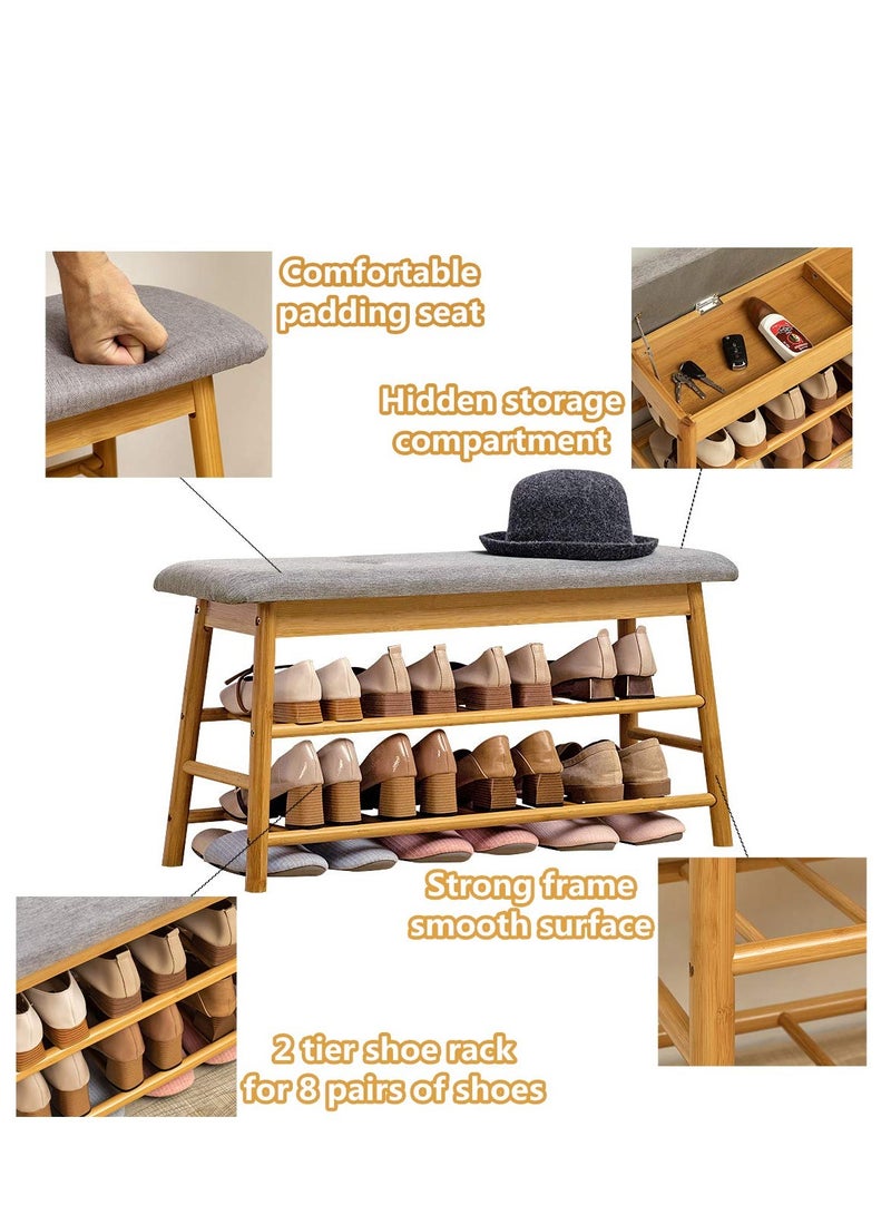 XiuWoo Bamboo Shoes Bench Seat Shoe Rack Storage Stool 2 Tier with Hidden Storage Compartment for Entryway Hallway Bedroom Living Room Shoes Shop 91*27*44cm - Image 3