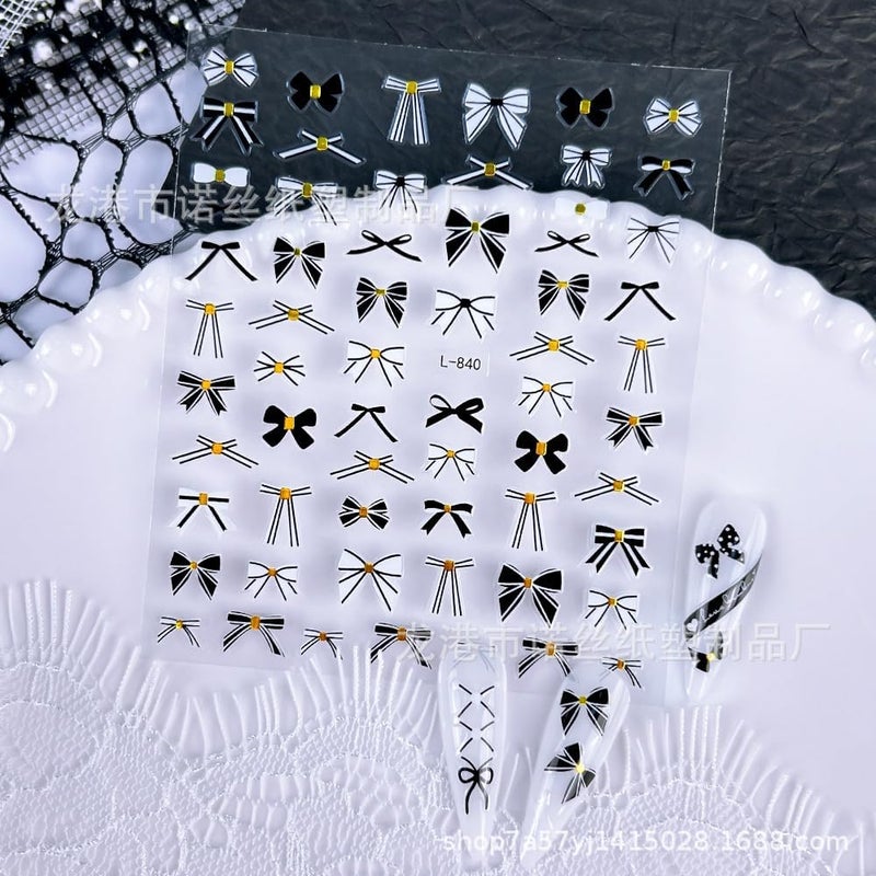 Maigitur 6Sheets Bow Nail Stickers Black Bowknot Nail Decals Gold Nail Designs Hearts Nails Supplies 3D Self-Adhesive Hearts Lace Lines Nails Art Stickers for Women DIY Manicure - Image 2
