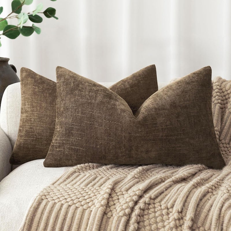 Foindtower Pack of 2 Textured Chenille Throw Decorative Pillow Covers Square Accent Solid Cushion Cover Neutral Farmhouse Lumbar Pillow Case for Couch Sofa Bedroom Living Room 12x24 Inch,Taupe Brown - Image 1