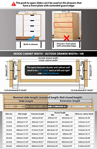 YENUO Push to Open Drawer Slides Full Extension Rail 12 14 16 18 20 22 24 inch handleless Side Mount Dresser Cabinet Bracket Replacement Ball Bearing Tracks kit Guide Runner 100 lb 1 Pair - Image 2