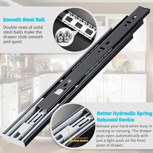 YENUO Push to Open Drawer Slides Full Extension Rail 12 14 16 18 20 22 24 inch handleless Side Mount Dresser Cabinet Bracket Replacement Ball Bearing Tracks kit Guide Runner 100 lb 1 Pair - Image 3