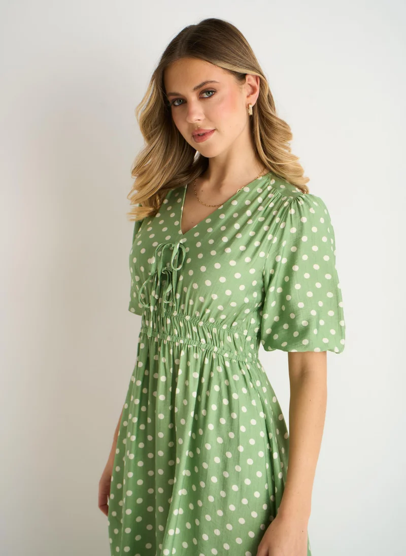 Gini London  Sage Green Spot Print Shirred Waist Shift Midi Dress for Women | Best Price UAE