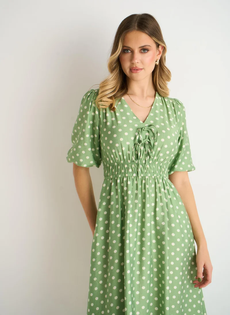 Gini London  Sage Green Spot Print Shirred Waist Shift Midi Dress for Women | Best Price UAE