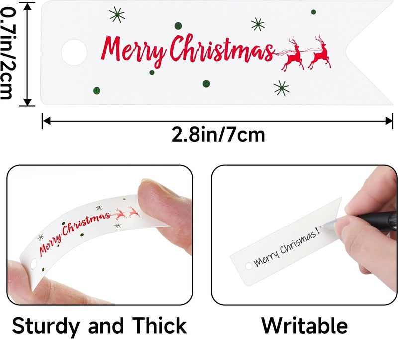 g2plus Small Merry Christmas Tags - 100Pcs Deer Xmas Present Tags, 2.8''x0.8'' White Paper Gift Tag with String for Gift Wrapping, Goodies Bags, Christmas Holiday Party Favors - Image 3