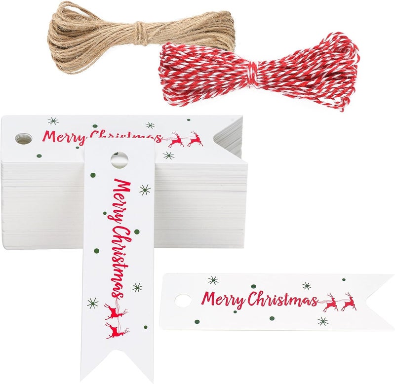 g2plus Small Merry Christmas Tags - 100Pcs Deer Xmas Present Tags, 2.8''x0.8'' White Paper Gift Tag with String for Gift Wrapping, Goodies Bags, Christmas Holiday Party Favors - Image 1