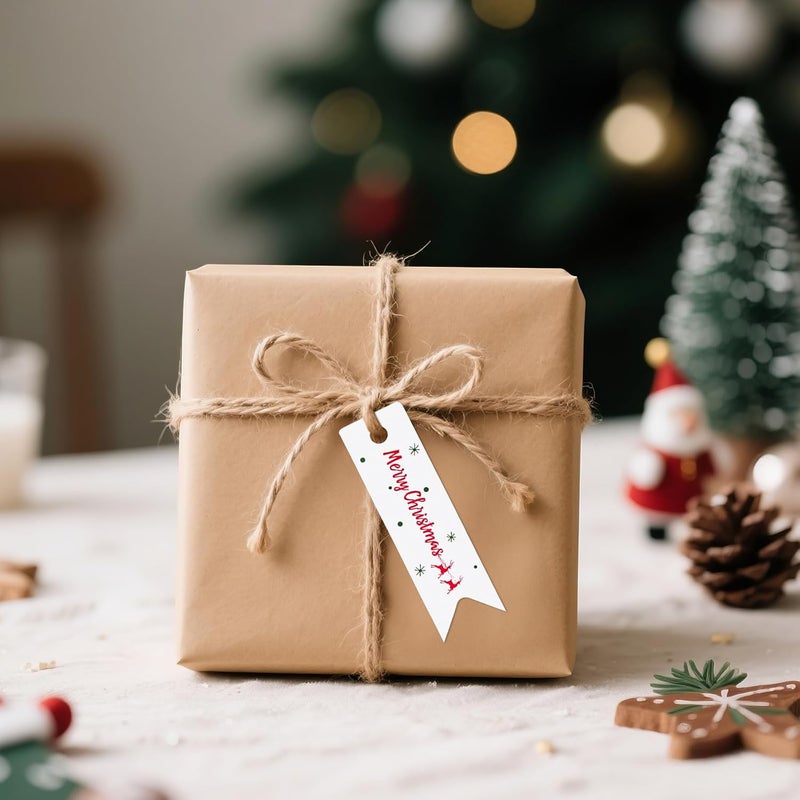 g2plus Small Merry Christmas Tags - 100Pcs Deer Xmas Present Tags, 2.8''x0.8'' White Paper Gift Tag with String for Gift Wrapping, Goodies Bags, Christmas Holiday Party Favors - Image 4