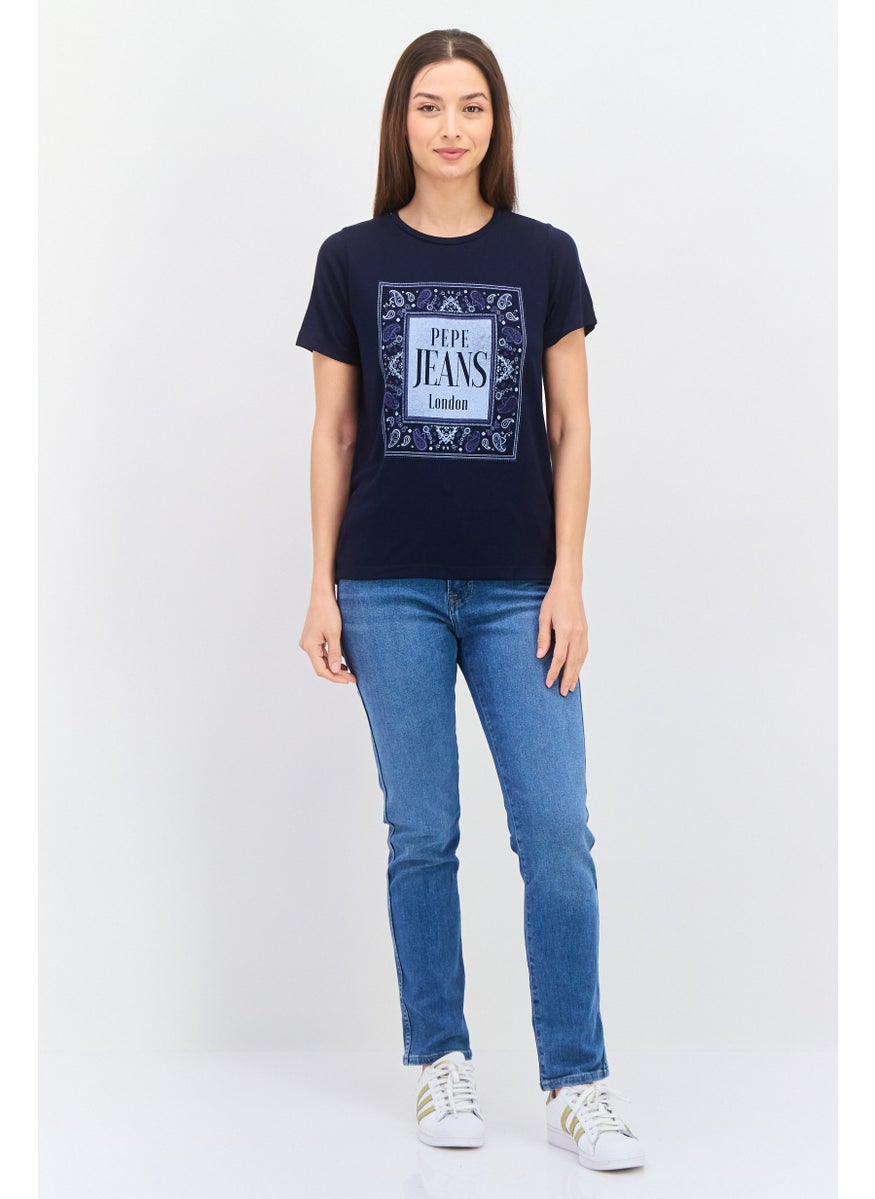 Pepe Jeans - Women Crew Neck Short Sleeve Brand Logo T Shirt, Navy Blue - Image 1