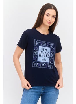 Women Crew Neck Short Sleeve Brand Logo T Shirt, Navy Blue