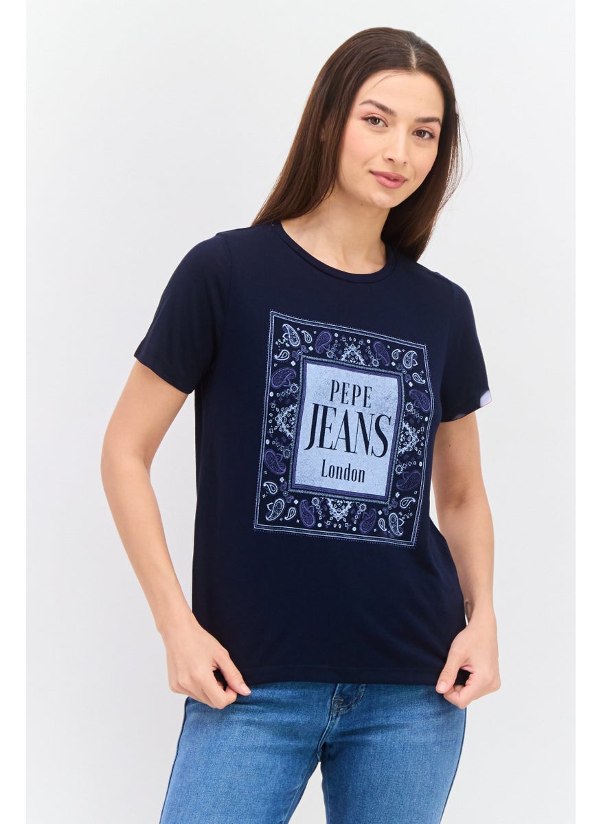 Pepe Jeans - Women Crew Neck Short Sleeve Brand Logo T Shirt, Navy Blue - Image 1