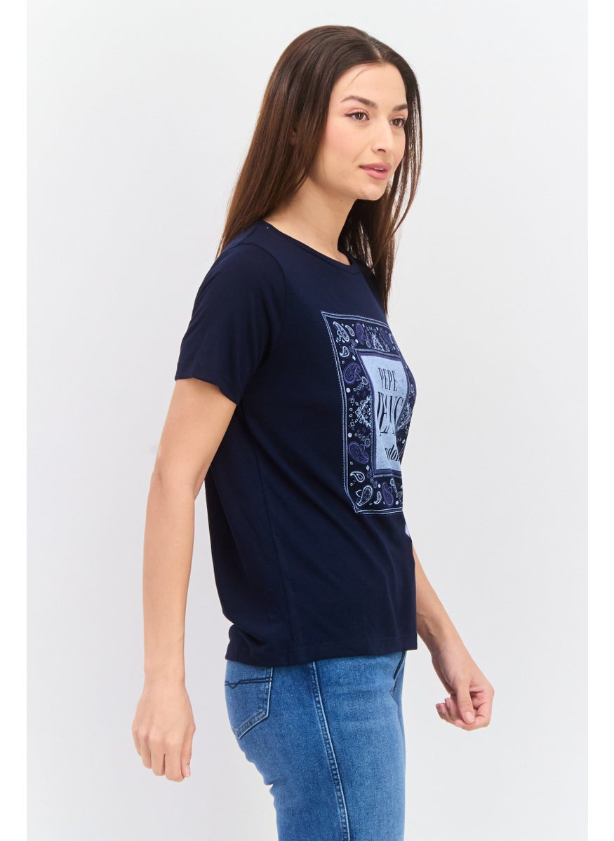 Pepe Jeans - Women Crew Neck Short Sleeve Brand Logo T Shirt, Navy Blue - Image 1
