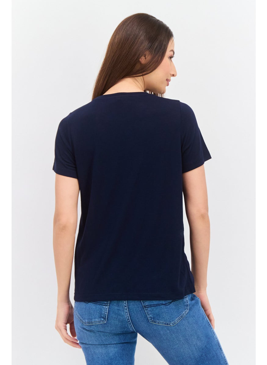 Pepe Jeans - Women Crew Neck Short Sleeve Brand Logo T Shirt, Navy Blue - Image 1