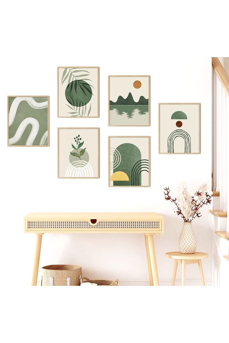 LIYAOLI Boho Green Botanical Wall Art Sun Mountain Landscape Wall Art Mid Century Abstract Unframed Art Print 11 x 14 inch Set of 6 Nature Wall Art Posters for Room Aesthetic Office Decor - Image 1