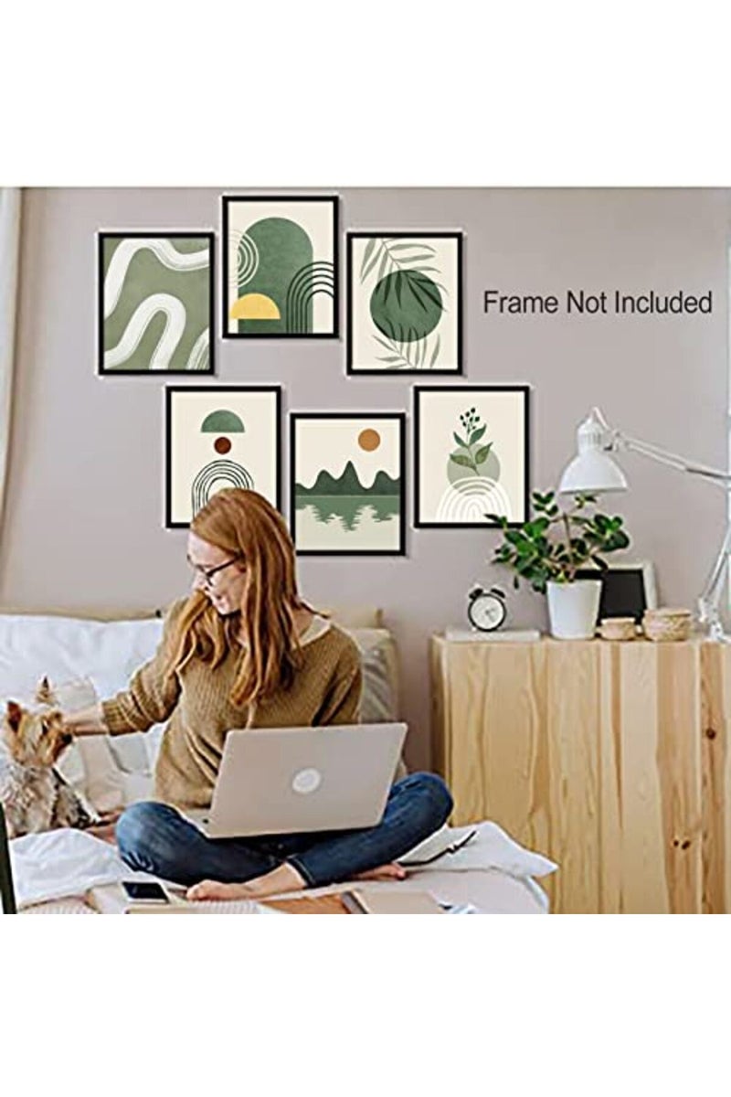 LIYAOLI Boho Green Botanical Wall Art Sun Mountain Landscape Wall Art Mid Century Abstract Unframed Art Print 11 x 14 inch Set of 6 Nature Wall Art Posters for Room Aesthetic Office Decor - Image 2