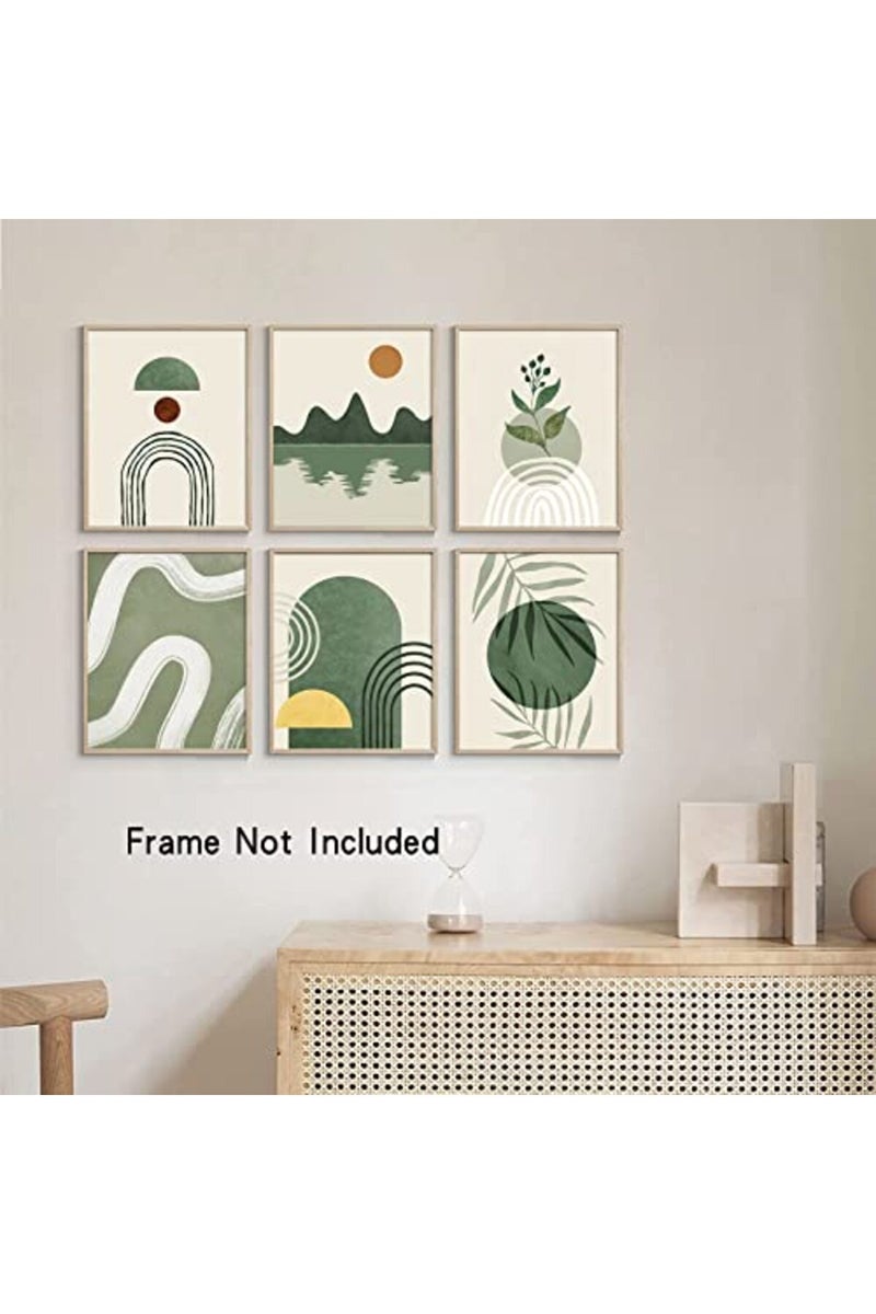 LIYAOLI Boho Green Botanical Wall Art Sun Mountain Landscape Wall Art Mid Century Abstract Unframed Art Print 11 x 14 inch Set of 6 Nature Wall Art Posters for Room Aesthetic Office Decor - Image 3