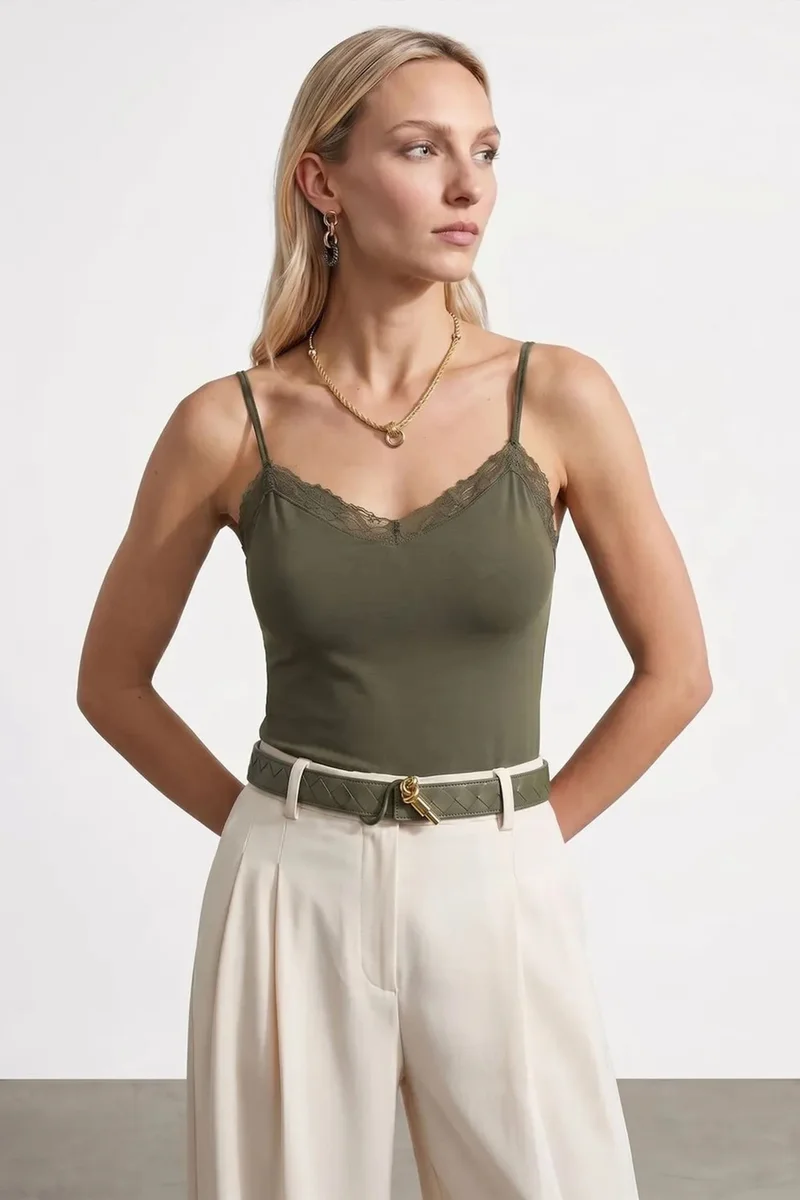 Dilvin Khaki Green DILVIN Slim Fit Sleeveless V-Neck Cami Blouse for Women | Best Price UAE