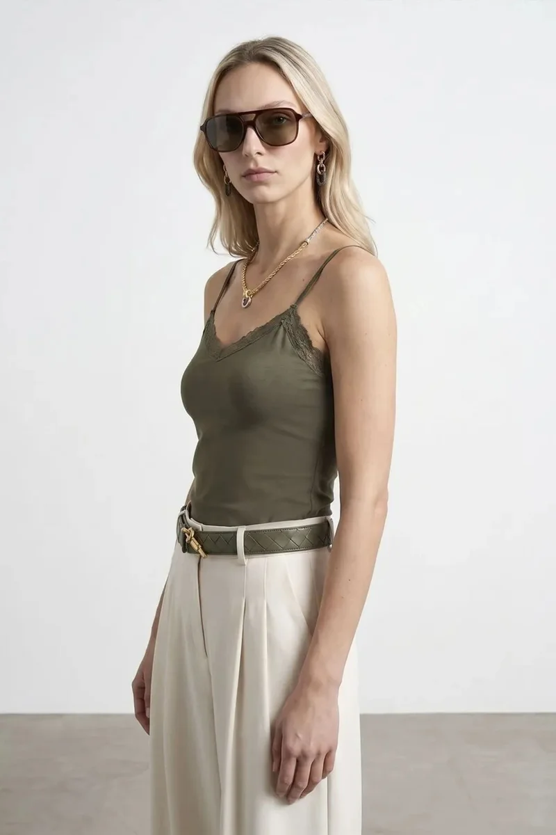 Dilvin Khaki Green DILVIN Slim Fit Sleeveless V-Neck Cami Blouse for Women | Best Price UAE