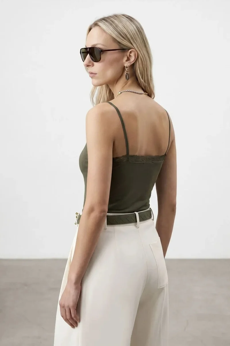 Dilvin Khaki Green DILVIN Slim Fit Sleeveless V-Neck Cami Blouse for Women | Best Price UAE