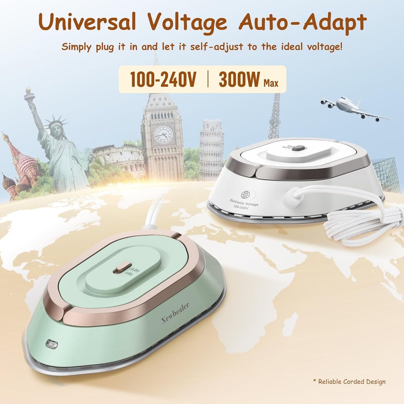 مكواة سفر Newbealer بجهد مزدوج - 120V/220V، مكواة صغيرة للملابس بدون بخار، قاعدة من السيراميك غير لاصقة، آلة ضغط حراري بدرجة حرارة 302°F للخياطة وتصنيع الأغطية، وزن خفيف 0.95 رطل (لون ذهبي) | القدرة القصوى 300 واط، تسخن في غضون 60 ثانية، قاعدة سيراميكية بدرجة حرارة 302°F، مكواة مريحة الاستخدام، وزن خفيف 0.8 رطل للتعديلات السريعة في جميع أنحاء العالم (لون ذهبي) - Image 3