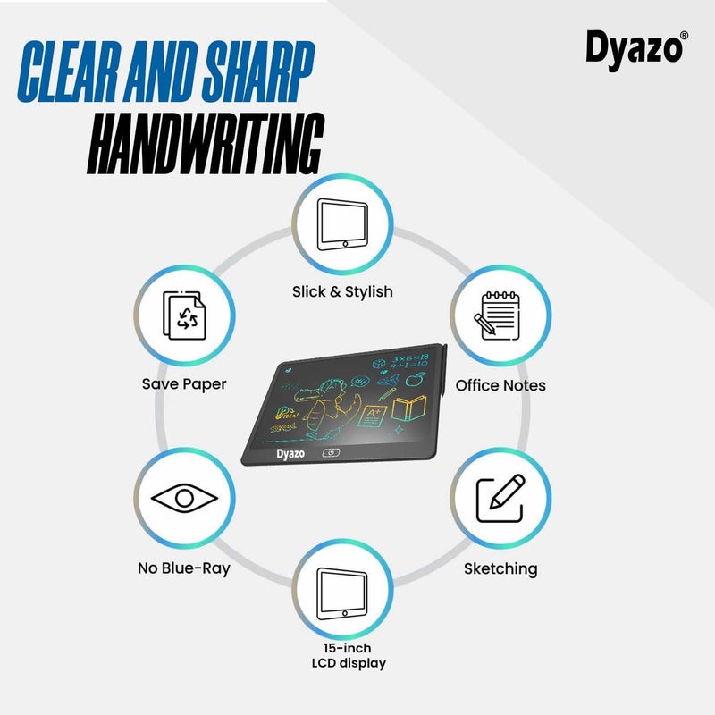 Dyazo 15 Inch Writing Tablet Pad | LCD Re-Writable Colorful Screen Pad with Stylus | Digital Graphic Slate for Kids & Students, Drawing, Learning and Office Notes (Black) - Image 3