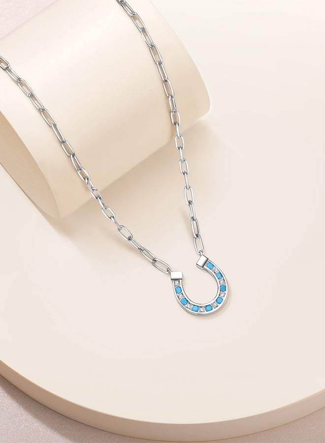 Moonmory 925 Sterling Silver Horseshoes Pendant Necklace For Women With Turquoise Stone,Lucky Guard Platinum Plated U Shape Necklace With 50CM Adjustable Paper Clip Chain Ramadan,Mother’s Day,Valentine’s Day Gift - Image 5