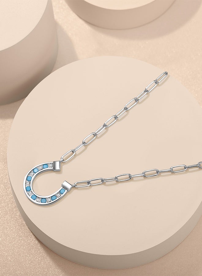 Moonmory 925 Sterling Silver Horseshoes Pendant Necklace For Women With Turquoise Stone,Lucky Guard Platinum Plated U Shape Necklace With 50CM Adjustable Paper Clip Chain Ramadan,Mother’s Day,Valentine’s Day Gift - Image 4