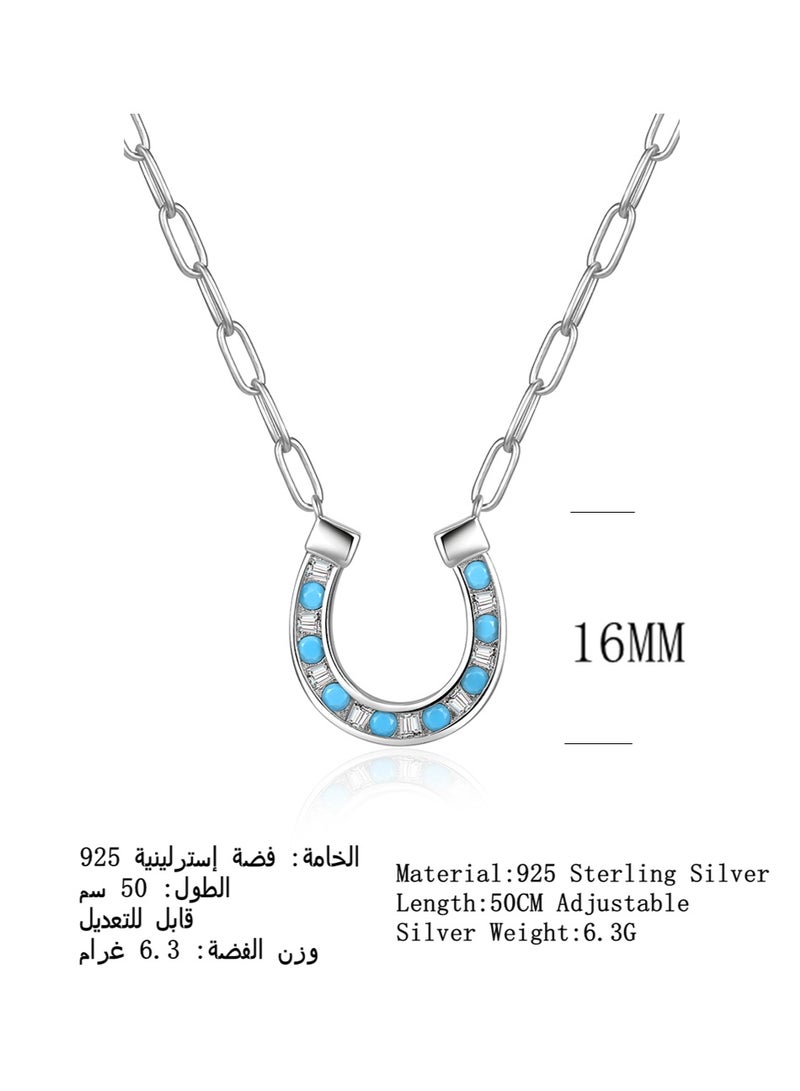 Moonmory 925 Sterling Silver Horseshoes Pendant Necklace For Women With Turquoise Stone,Lucky Guard Platinum Plated U Shape Necklace With 50CM Adjustable Paper Clip Chain Ramadan,Mother’s Day,Valentine’s Day Gift - Image 3